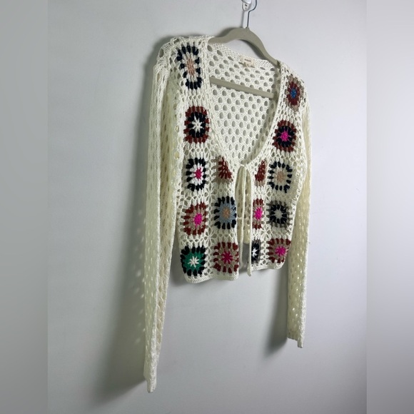 Debut Large Cream Crochet Knit Colorful Patchwork Open Sweater Bohemian Prairie - Picture 2 of 10